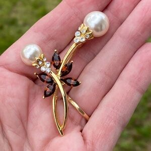 Gold and Pearl Leaf Brooch with Crystal Accents